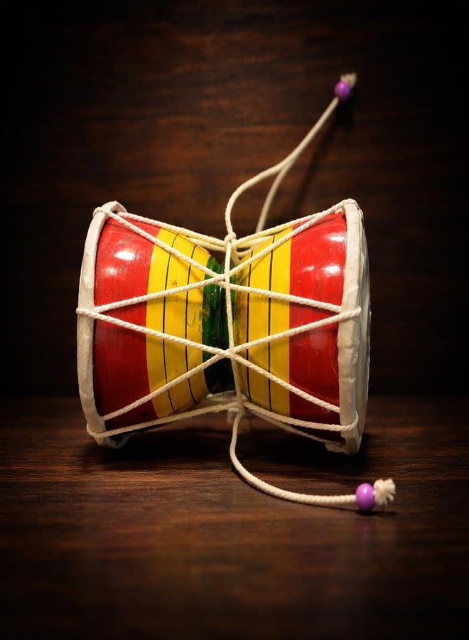 HuBBeR Traditional Indian Damru Hand Percussion Instrument, Handmade Musical Drum with Rope Design, Red and Yellow, Decorative Kids Toy (Large) - Image 1